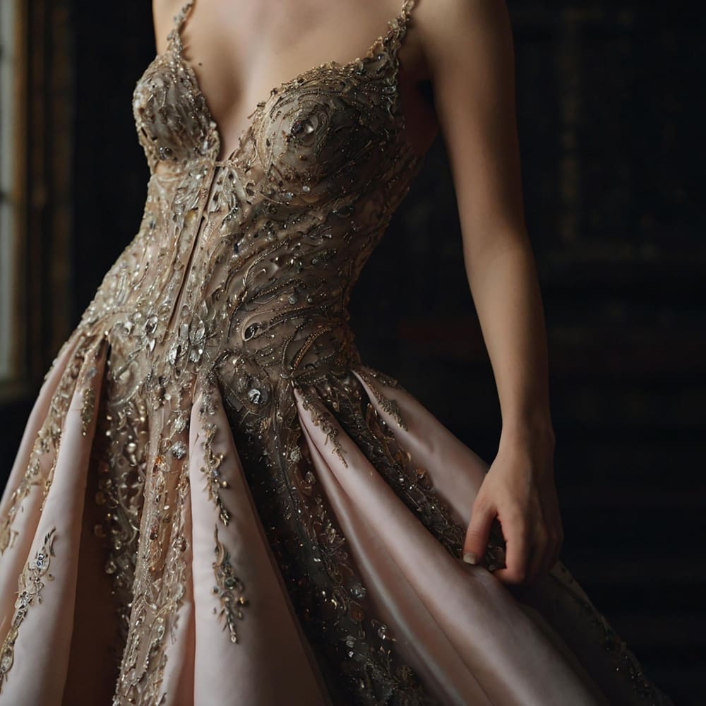 A person wearing a sleeveless, embellished gown with intricate beadwork and embroidery, holding the skirt with one hand.