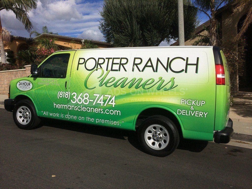 A green and white van labeled "Porter Ranch Cleaners" with contact info, advertising pickup and delivery dry cleaning services, parked on a suburban street.