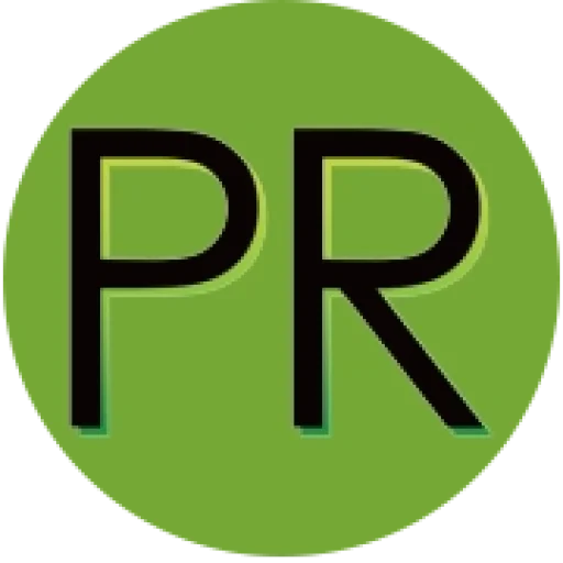 Green circle with the bold black letters "PR" centered inside.
