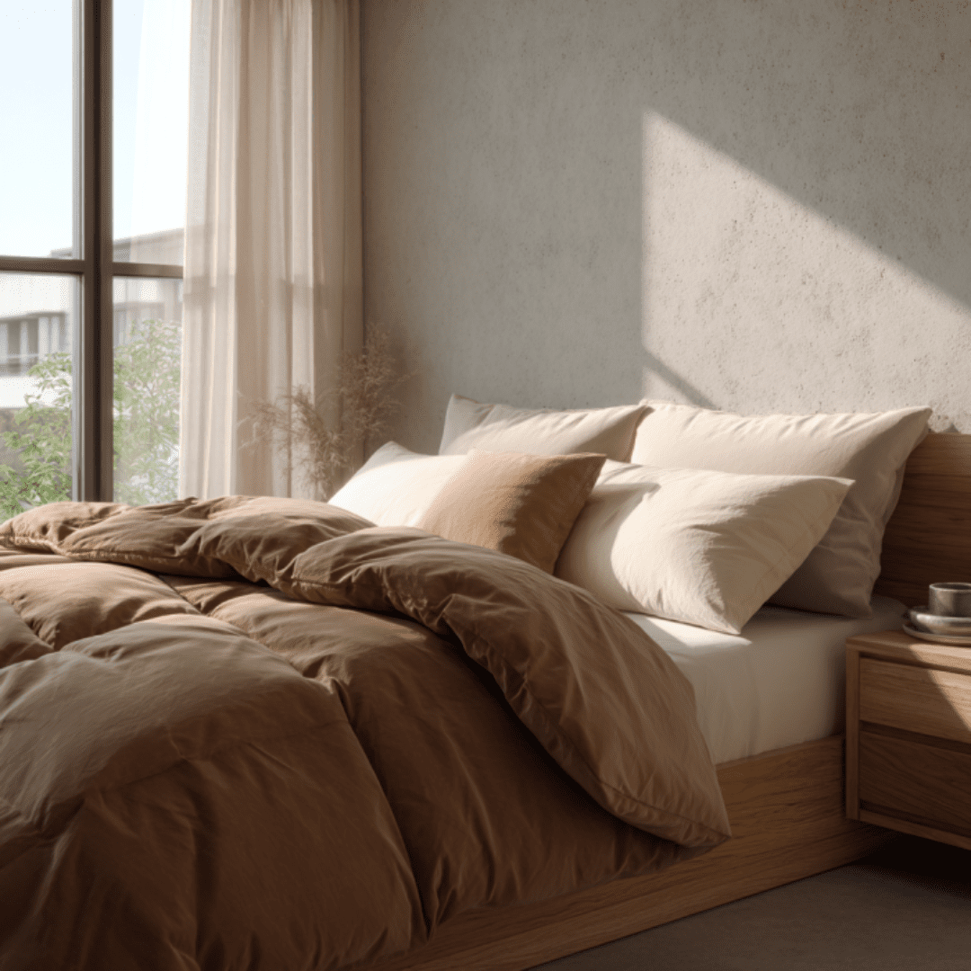 A neatly made bed with brown and beige bedding sits next to a wooden nightstand in a sunlit, modern bedroom with a large window and light-colored walls.
