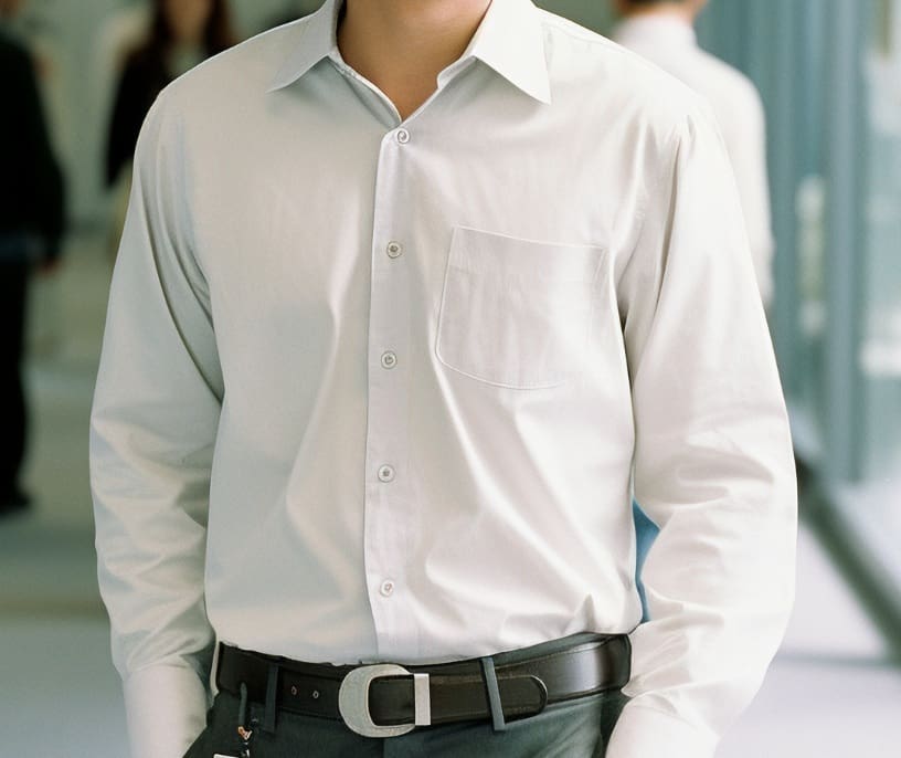 A person wearing a white button-up shirt and black belt stands indoors; their face is not visible.