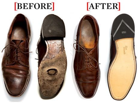 A pair of brown leather dress shoes shown before and after repair; one with worn soles and scuffs, the other with new soles and polished uppers.