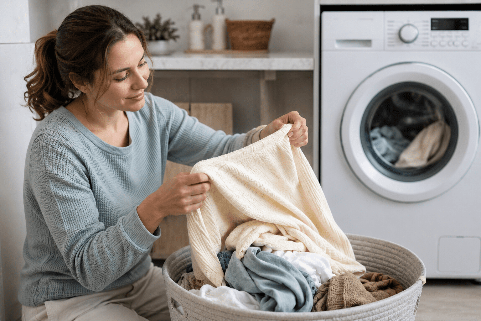 A woman inspects a light-colored sweater while sorting laundry from a basket in a laundry room, with a washing machine in the background.